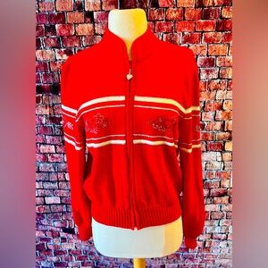 VINTAGE Red “Toula” size 10 Rhinestone HEART Zipper front Cardigan Sweater